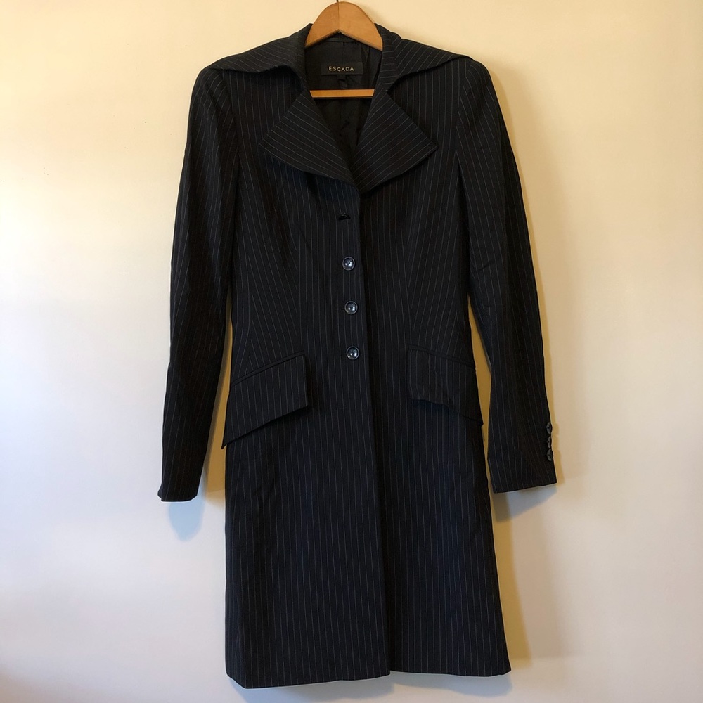 Escada Coat Black Wool Pinstripe Fitted Button 4